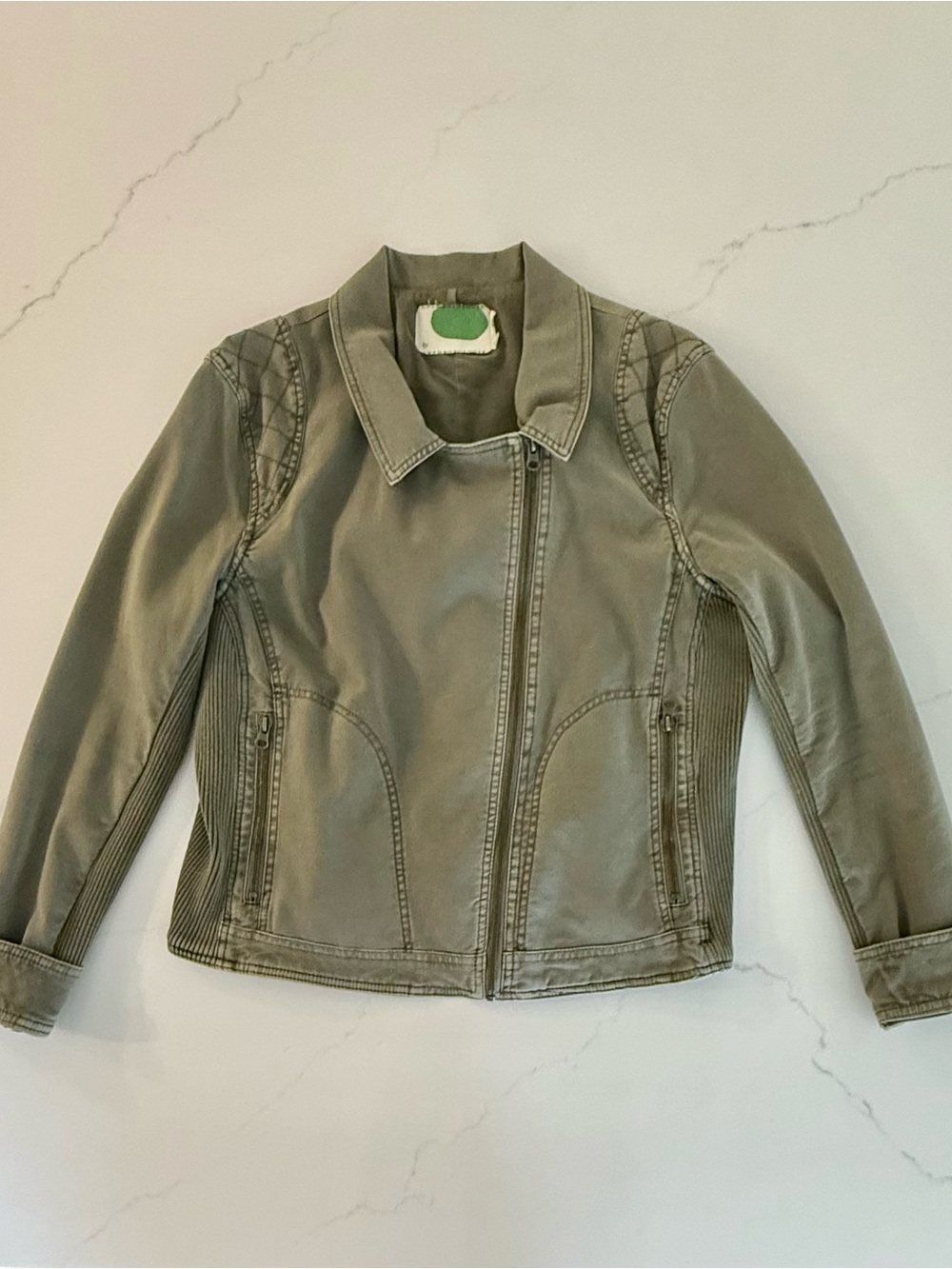 By Anthropologie Mixed Media Moto Jacket, EUC Olive Green Size XL